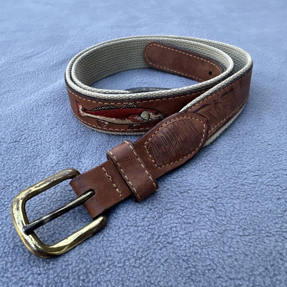 Zeppelin Leather Canvas Embroidered Fish Belt Size 38 Fish Brass Buckle Made USA